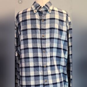 Nautica 100% Cotton Navy Light Blue and White Plaid Button Down Shirt L Slim Fit